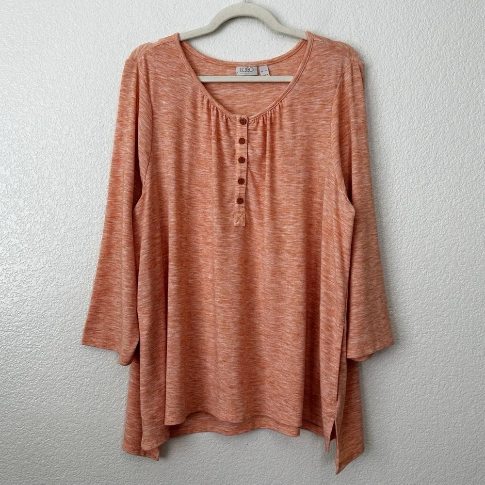 LOGO by Lori Goldstein Heather Orange 3/4 Sleeves Henley Top, Size XL